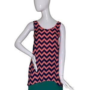 Pink Republic Tunica Asymmetric Sheer Sleeveless Chevron Coral Navy Blue Size S